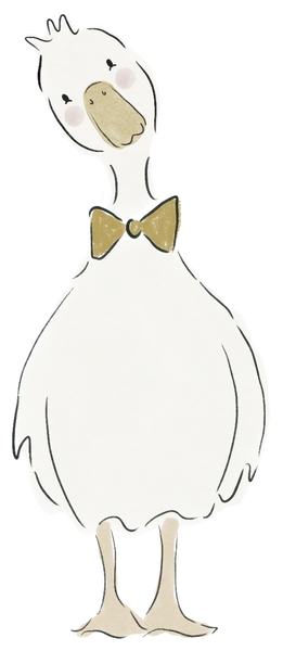 A goose in a bow tie, tilting its head hello