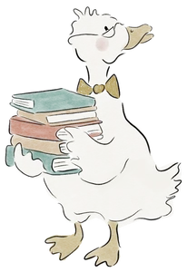 A goose carrying a tall stack of books
