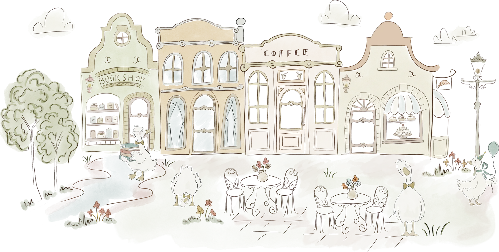 Illustrated village street with a bookshop, café and bakery, and geese strolling outside